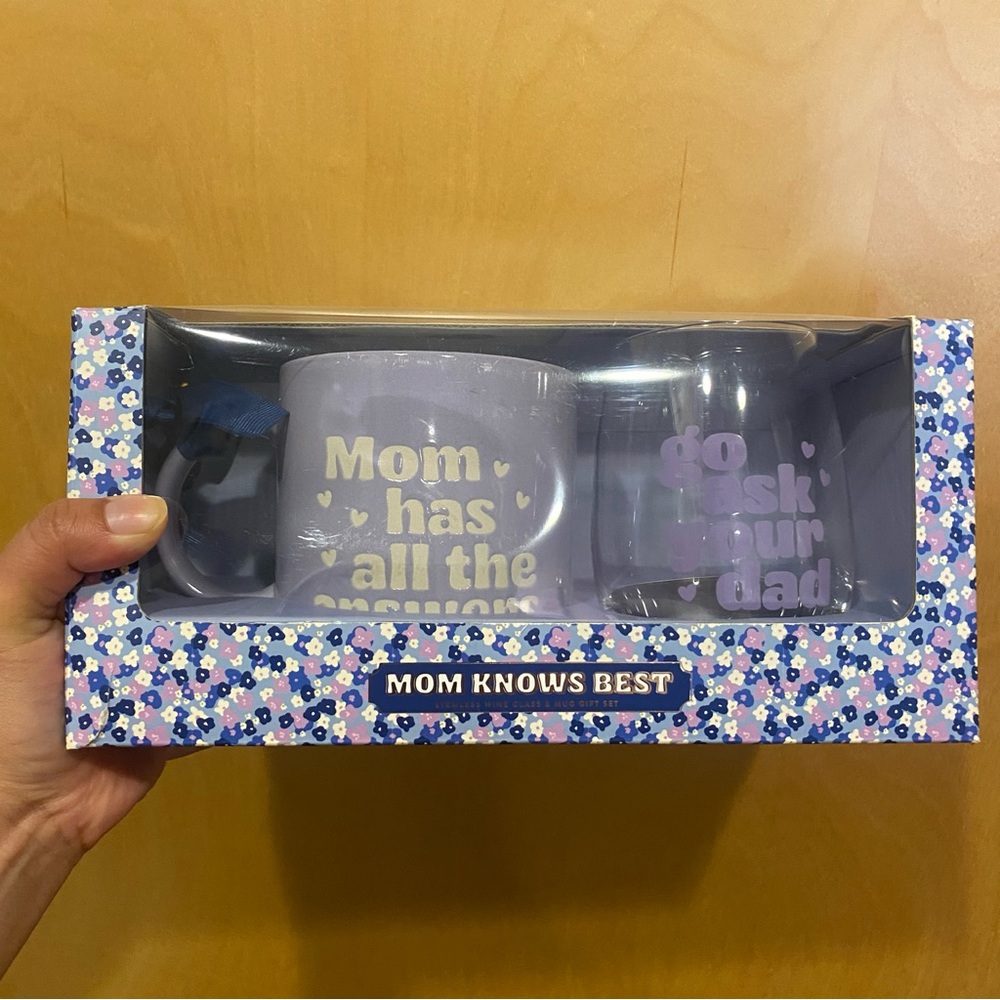 NIB Sunday Mornings | Purple Mom Knows Best Mug and Wine Glass Set